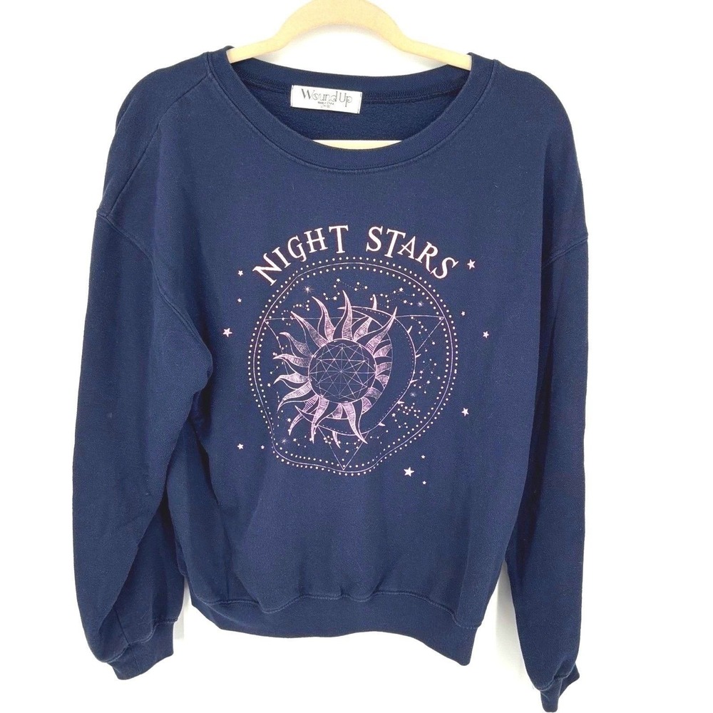 Wound Up Large Navy Celestial Sweatshirt Moon Stars Graphic Cozy